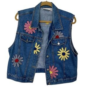 Susan Bristol Embroidered Floral Denim Vest Cottagecore Boho